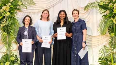 From left: Animal Welfare team Dr Sara Azarpeykan, Dr Sabina Darke and Dr Dharshini Sreenivasan received their Celebrating Research Excellence Award 2026 from Dr Alexandra Thomas, director, Research and Innovation. Animal welfare officer Dr Shirli Notcovich was unable to attend.