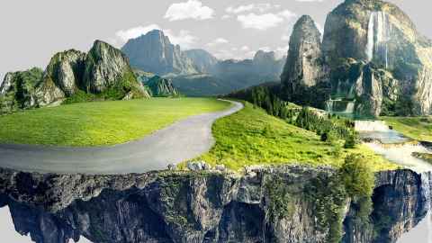 A computer-generated image of a path through mountains and waterfalls.