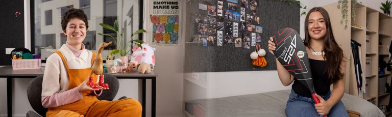 On the left, student in 55 Symonds sits at their desk holding up a wooden goose. One the right, student in University Hall Towers sits on their bed holding their waka paddle. 