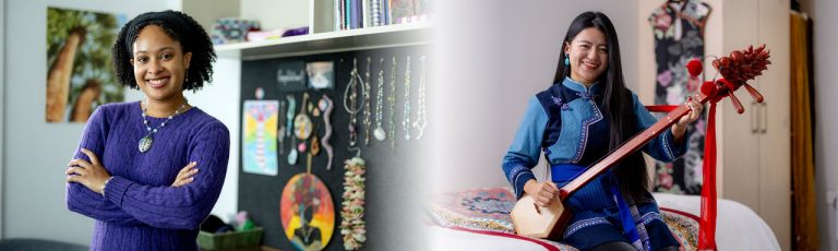 On the left, student in 55 Symonds sits at their desk holding up a wooden goose. One the right, student in University Hall Towers sits on their bed holding their waka paddle. 
