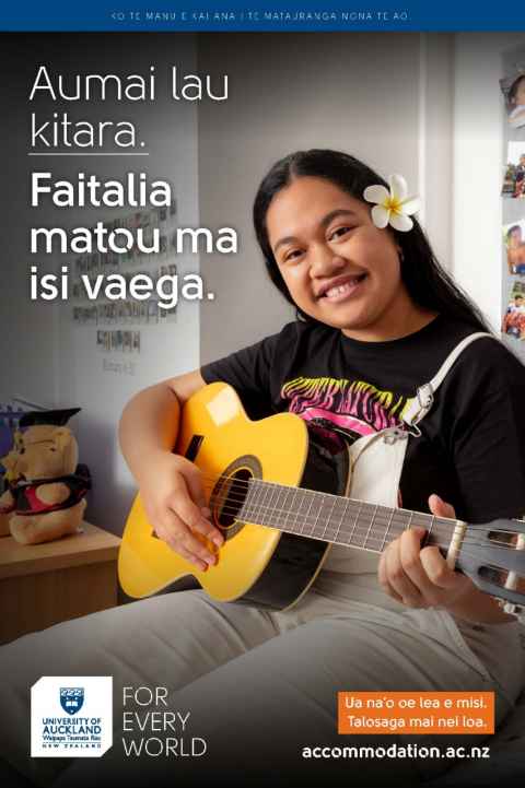 Sala sits on her bed with a guitar and smiling towards the camera. Text reads "Auma lau kitara. Faitalia matou ma isi vaega. Ua na'o oe lea e misi. Talosaga mai nei loa."