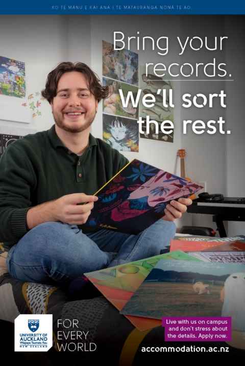 Tim on their bed holding records and smiling at the camera. Text reads "Bring your records. We'll sort the rest. Live with us on campus and don't stress about the details. Apply now."
