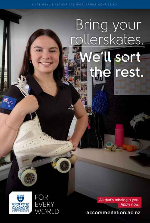 Maegan in her room with a pair of rollerskates slug around her shoulder smiling at the camera. Text reads "Bring your rollerskates. We'll sort the rest. All that's missing is you. Apply now."