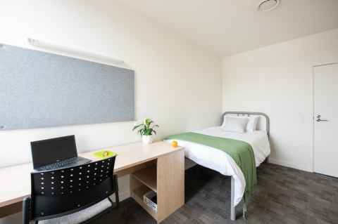 Room at Carlaw Park Student Village featuring a bed, desk, chair and pin board. 