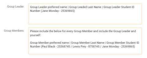 Screenshot showing how to put one name under the field group leader and your group members in the group member field