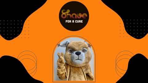 Orange background with four abstract black shapes framing the photo. In the middle top is the Shave for a cure logo. In the middle of the image is the UHT Hound mascot doing a peace sign. 