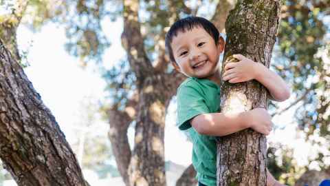 Child hugs a tree with big smile across their face.