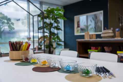 View of a table with crafts.