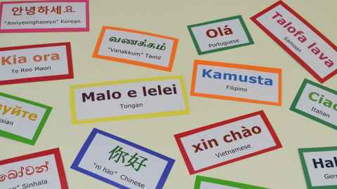A number of brightly coloured cards of greetings in different languages