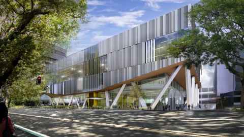Rendering of the new Recreation and Wellbeing Centre as seen from Symonds Street.