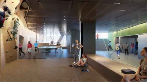 Recreation and Wellbeing Centre bouldering wall and informal rec space rendering