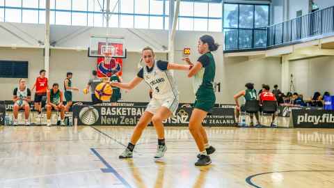 Photo of students playing 3x3 basketball in National Tertiary Championships