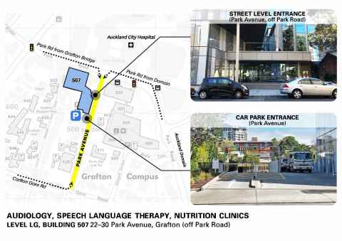 Map of Audiology, Speech Language Therapy and Nutrition Clinics, with maps of the streel level entrance (Park Avenue, off Park Road) and the car part entrance (Park Avenue)
