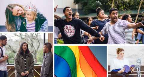 Group of five photos. One features a parent and child. Another features Māori students performing a haka. Another shows three students speaking to each other. Another is a close up of the Rainbow flag. Another shows a person reading a book on a bench with crutches next to them.