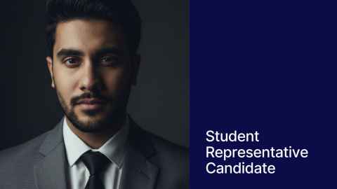 Photo of Aditya against a grey background. On the right a blue block with text "Student Representative Candidate"