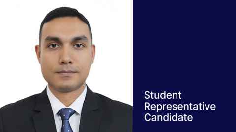 Photo of Adnan against a white background. On the right a blue block with text "Student Representative Candidate"