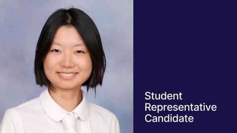 Photo of  Angela against a  light blue background. On the right a blue block with text "Student Representative Candidate"