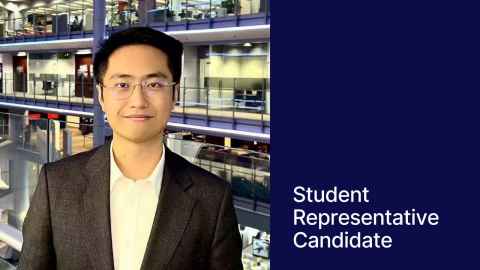 Photo of  Cho Mau Fung in an office building. On the right a blue block with text "Student Representative Candidate"