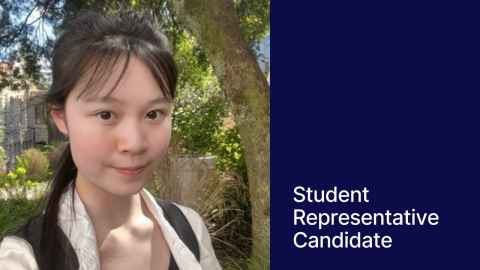 Photo of Eirene outside. On the right a blue block with text "Student Representative Candidate"