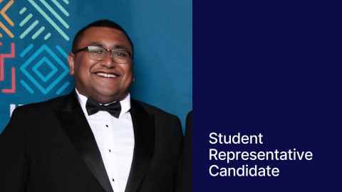 Photo of FaAfuhia in a tuxedo against a teal backdrop with some patterns. On the right a blue block with text "Student Representative Candidate"