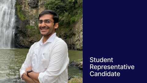 Photo of Gevargis in front of a waterfall.. On the right a blue block with text "Student Representative Candidate"