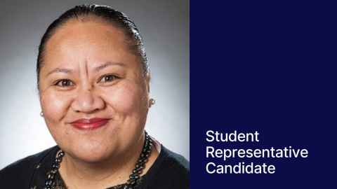 Photo of Liz against a grey background. On the right a blue block with text "Student Representative Candidate"
