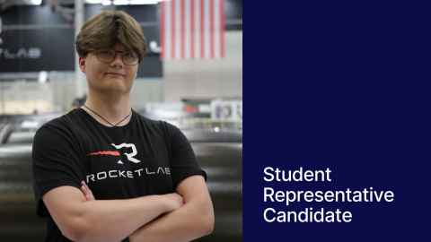 Photo of Matthew in front of an industrial area. On the right a blue block with text "Student Representative Candidate"