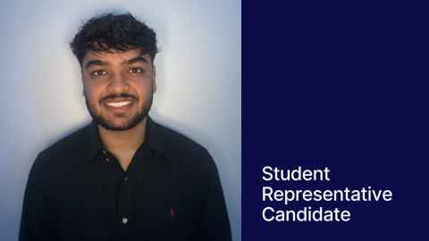 Photo of Samar against a light blue background. On the right a blue block with text "Student Representative Candidate"