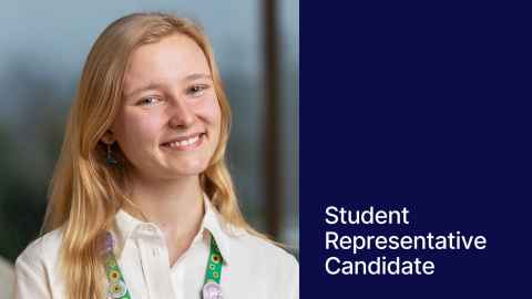 Photo of Shae in front of a blue background. On the right a blue block with text "Student Representative Candidate"