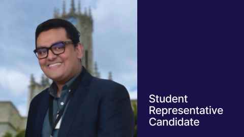 Photo of Shakeel with UoA clock tower in the background. On the right a blue block with text "Student Representative Candidate"