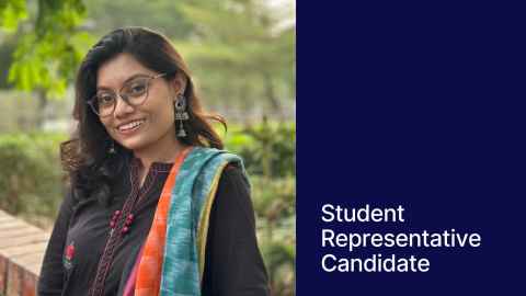 Photo of Shama in front of trees. On the right a blue block with text "Student Representative Candidate"