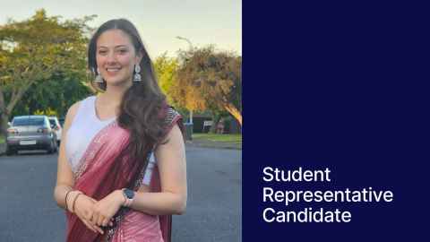 Photo of Shryia outside. On the right a blue block with text "Student Representative Candidate"