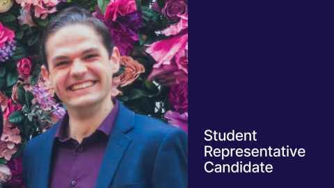 Photo of Steven against a hot pink and green background. On the right a blue block with text "Student Representative Candidate"