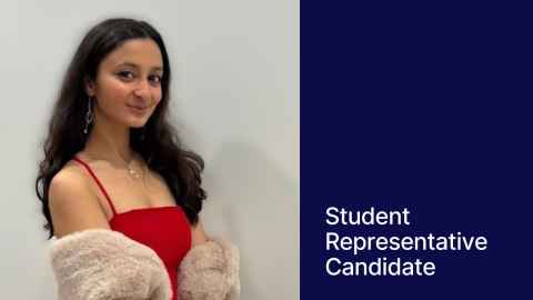 Photo of Sunisha against a white background. On the right a blue block with text "Student Representative Candidate"