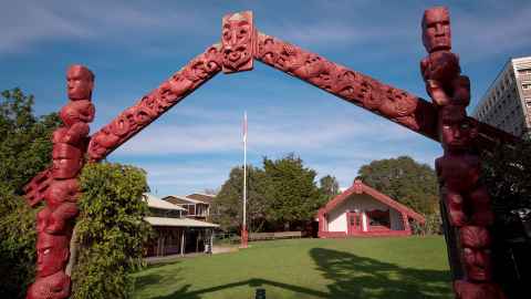 The opening gate and the lawn of the Marae