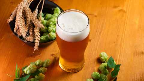 Beerglass with wheat and hops on a wooden table
