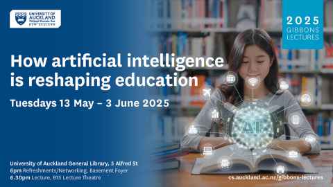 Poster for 'How AI is reshaping education' depicting a girl with a book open in front of her overlayed with an image of brain