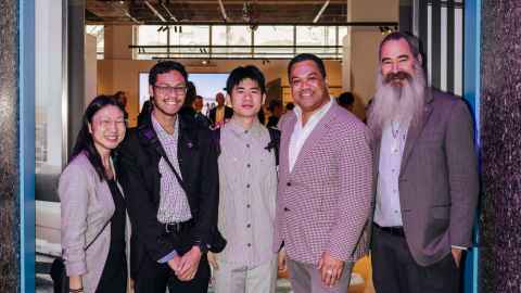 Jonathan Abaid (second from left) and Fan Xiao (middle) along with their academic supervisor Robert Amor (right), RCP's Jack Bourke (second from right) and Industry Engagement Manager Rebecca Du (left) at the Symphony Centre's sod turning ceremony.