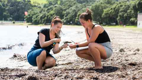 Two female students doing their lab experiment on a beach