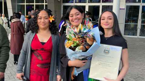 Mena Vaimasenuu Welford (middle) with her mother, Analulu Waimasenuu Welford (left) and sister Annamaria Cooper (right). 