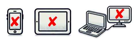 The image shows three objects not permitted for use in this exam. From left to right, there is a smartphone, a tablet, and a external monitor attached to a laptop.
