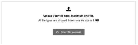 Text on the screen says: Upload your file here. Maximum one file. All file types are allowed. Maximum file size is 1 GB. Label on the button says: Select file to upload.