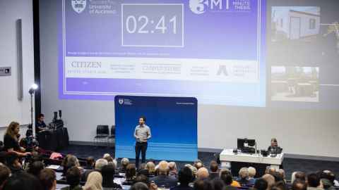 Doctoral candidate Noah Bunkley taking part in the University of Auckland's Three Minute Thesis (3M) Final in 2025.