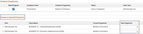 Screnshot showing Classes in Selected Programme and the New Programme dropdown options