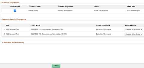 Screenshot showing that the New Programme dropdown options have been selected and the Submit button at the end of the page