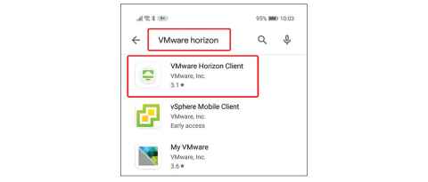 An image from the Google Play store with the words 'VMware horizon' in the search box and 'VMware Horizon Client' highlighted underneath .