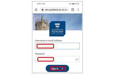 The University login page with the username/email address and password fields and the sign in button outlined in red.