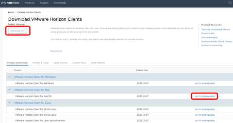 Screenshot of Download VMware Horizon Clients showing that the latest version is selected and Go to Downloads is selected