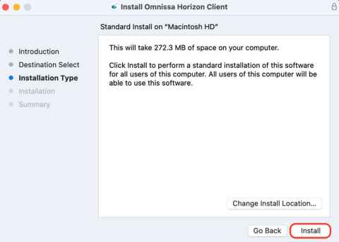 Screenshot of Install Omnissa Horizon Client showing that Install has been selected