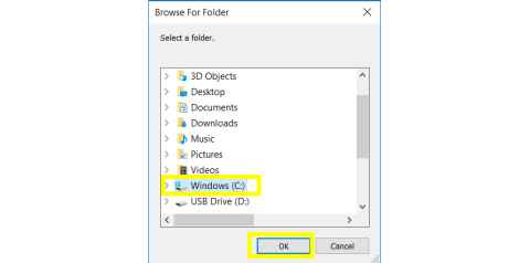 Screenshot headed Browse For Folder and showing the selection of a drive